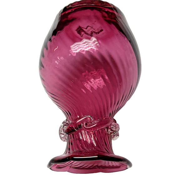 Vintage Pilgrim Art Glass Cranberry Optic Swirl Vase Ruffle Top Clear Filigree - Picture 4 of 12